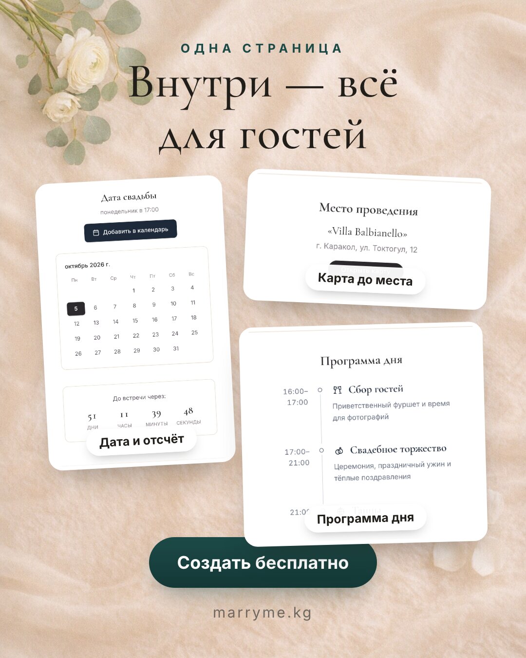 Внутри страницы — Обратный отсчёт, карта до места, программа дня