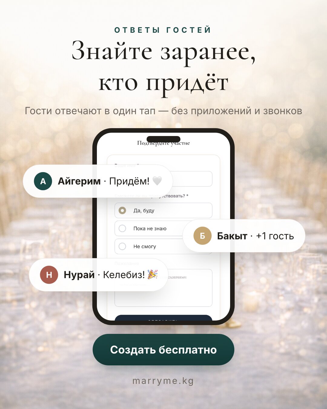Ответы гостей — Гости подтверждают участие в один тап
